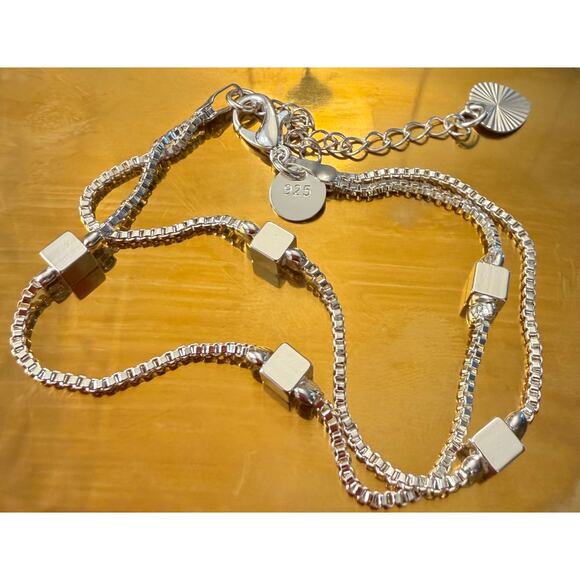 Women’s 925 Sterling Silver Double Snake Chain Bracelet w/ Cube Beads & Heart - Picture 4 of 5